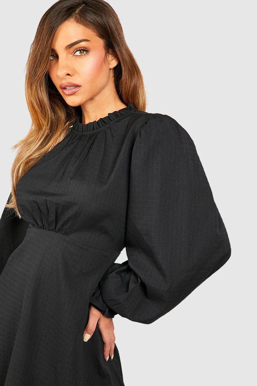 High Neck Blouson Sleeve Skater Texture Dress - Black