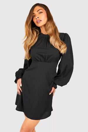 High Neck Blouson Sleeve Skater Texture Dress - Black