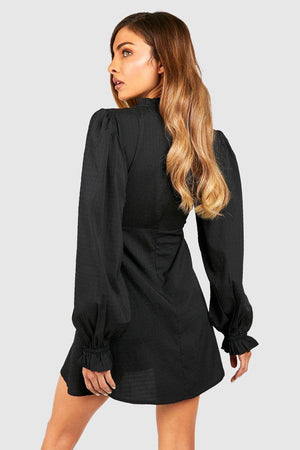 High Neck Blouson Sleeve Skater Texture Dress - Black