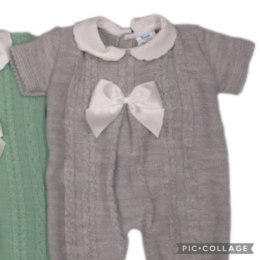 Baby Knitted All In One With Bow - Grey