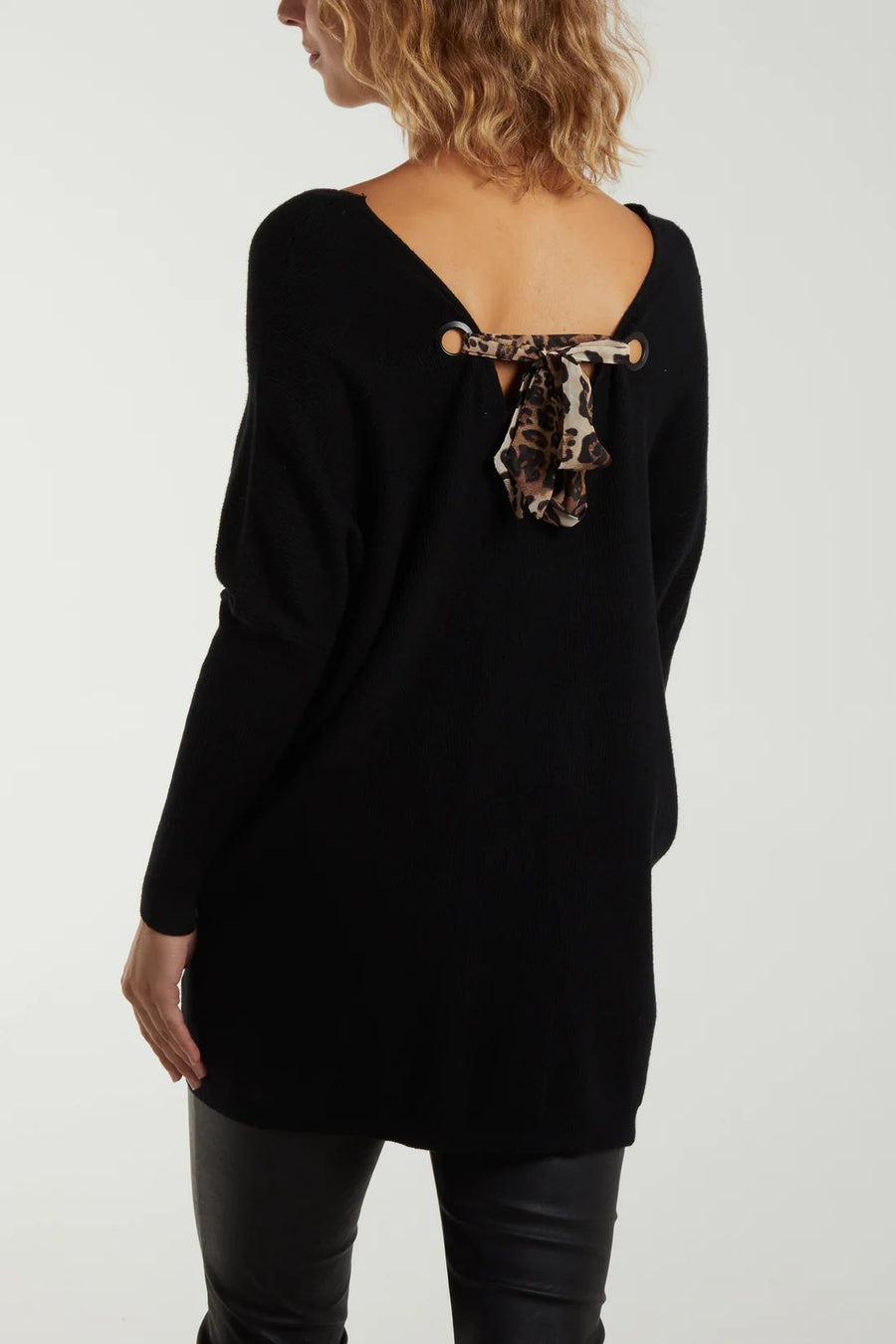 Leopard Bow Back Jumper - Black