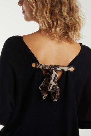 Leopard Bow Back Jumper - Black