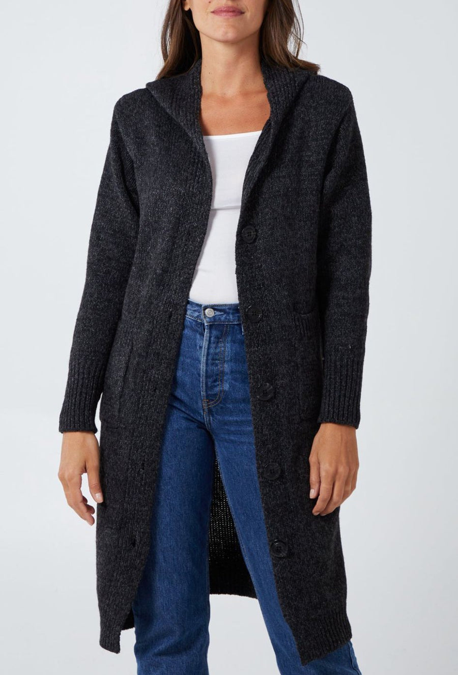 Longline Hooded Pocket Cardigan - Blk/Grey