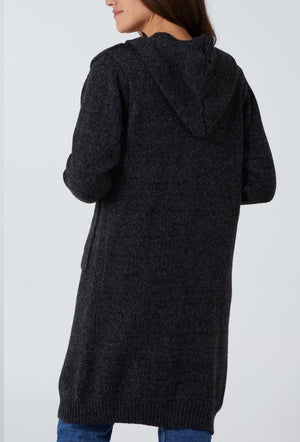 Longline Hooded Pocket Cardigan - Blk/Grey