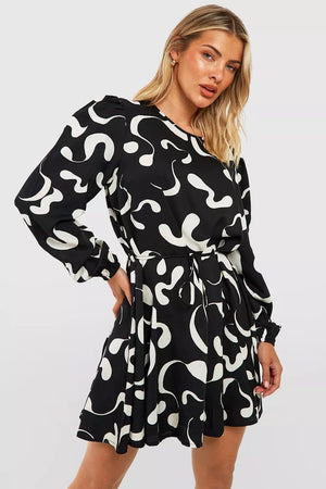 Monochrome Abstract Godet Detail Skater Dress - Black