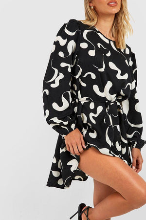 Monochrome Abstract Godet Detail Skater Dress - Black