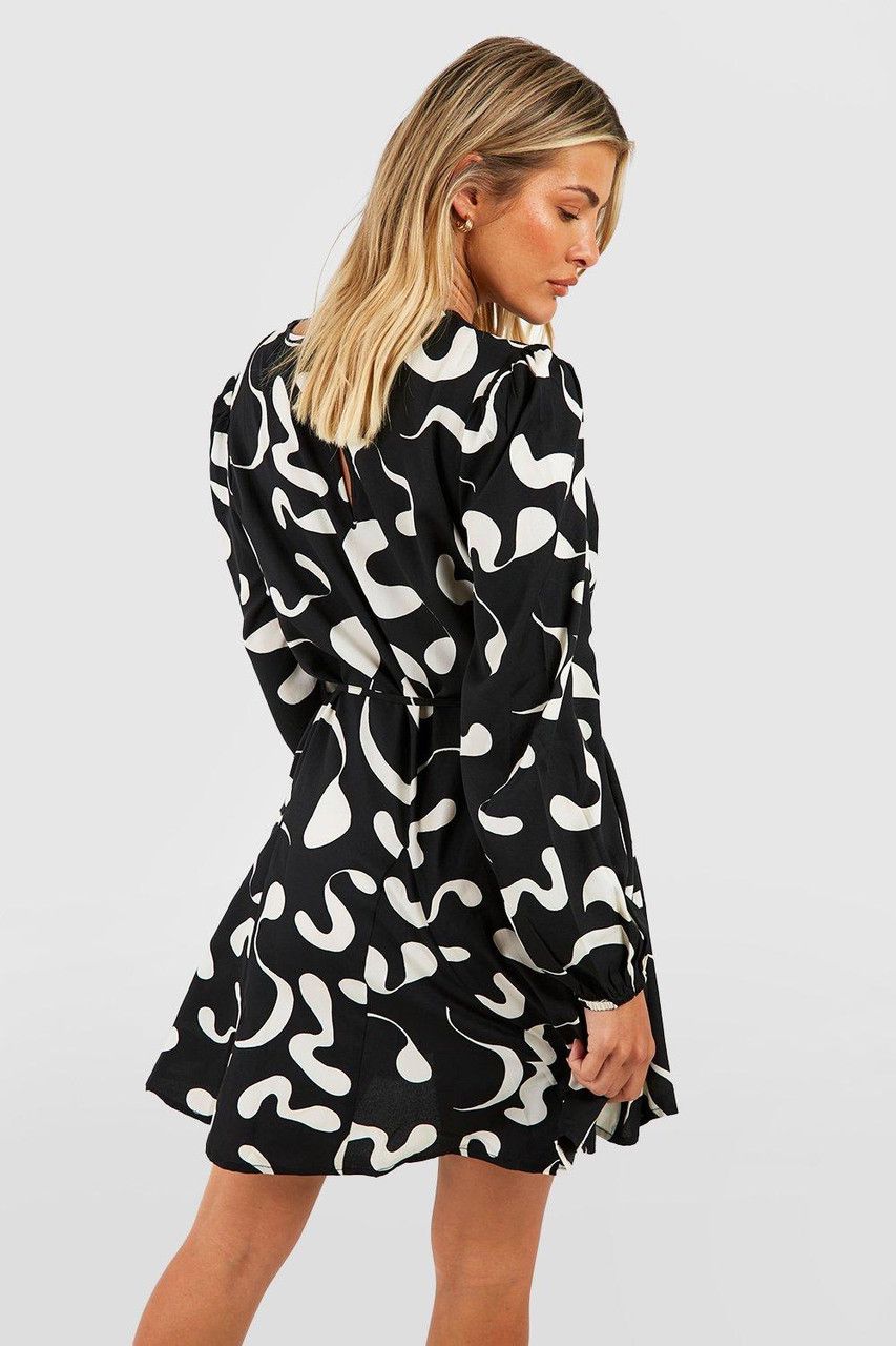 Monochrome Abstract Godet Detail Skater Dress - Black