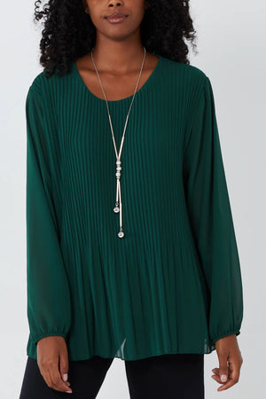 Pleated Long Sleeve Necklace Top - Bottle Green