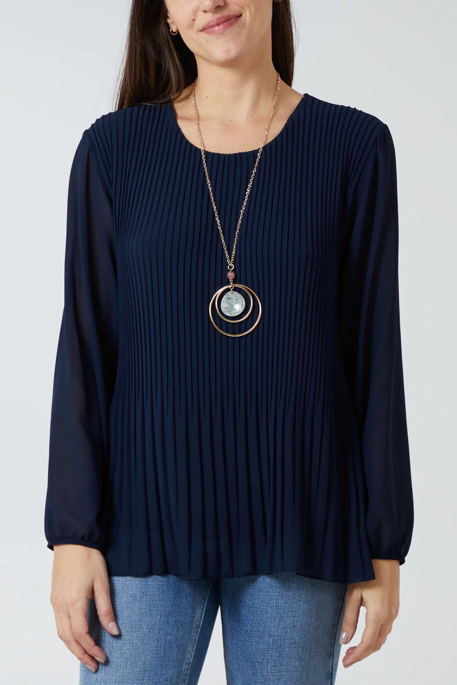 Pleated Long Sleeve Necklace Top - Navy