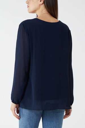 Pleated Long Sleeve Necklace Top - Navy