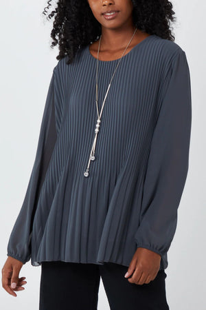 Pleated Long Sleeve Necklace Top - Charcoal