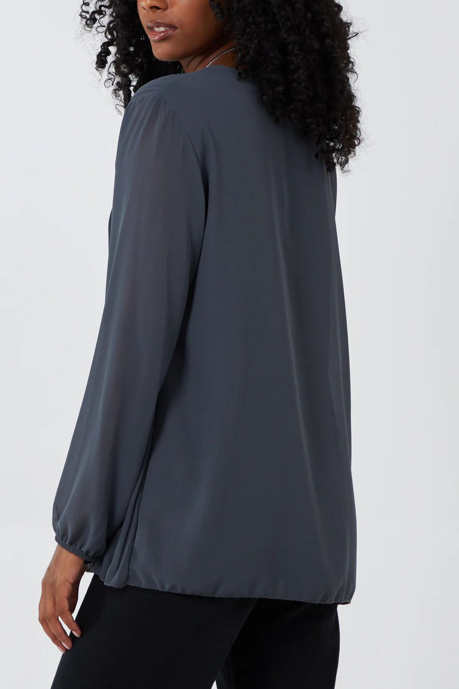 Pleated Long Sleeve Necklace Top - Charcoal