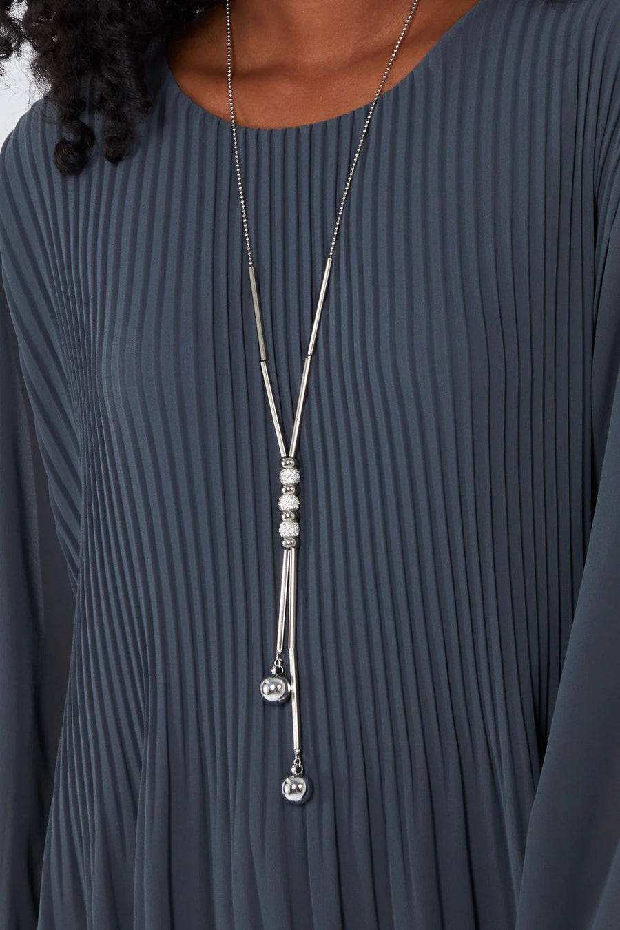 Pleated Long Sleeve Necklace Top - Charcoal