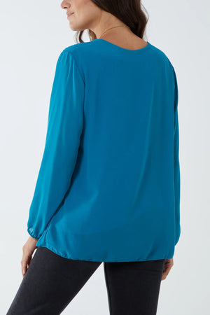 Pleated Long Sleeve Necklace Top - Teal