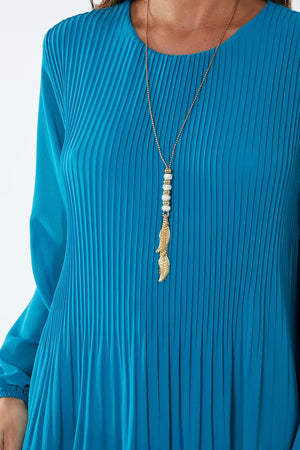 Pleated Long Sleeve Necklace Top - Teal