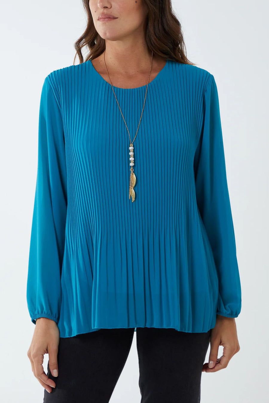 Pleated Long Sleeve Necklace Top - Teal