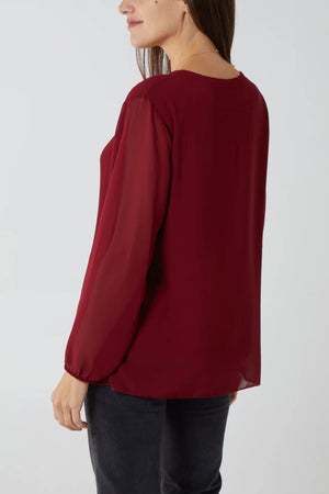 Pleated Long Sleeve Necklace Top - Wine