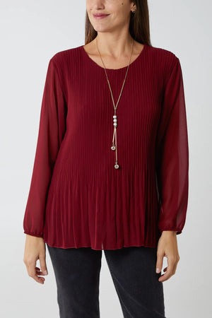 Pleated Long Sleeve Necklace Top - Wine