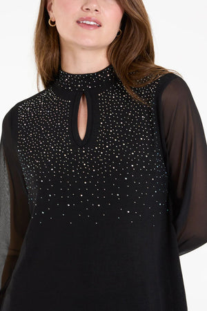 Rhinestone High Neck Keyhole Top - Black