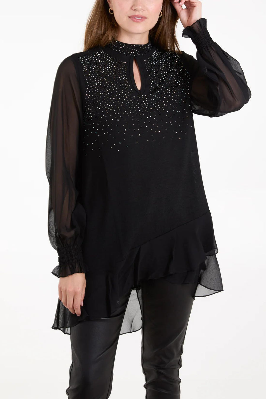 Rhinestone High Neck Keyhole Top - Black