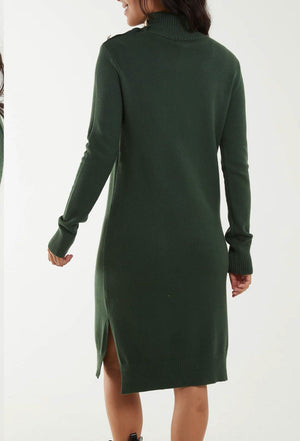 Roll Neck Ribbed Jumper Dress - Khaki