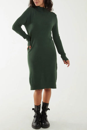 Roll Neck Ribbed Jumper Dress - Khaki