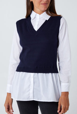 V-Neck Vest With Undershirt - Navy