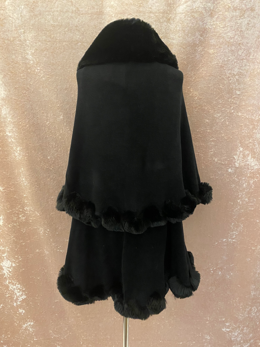 Two Tier Fur Detail Poncho - Black