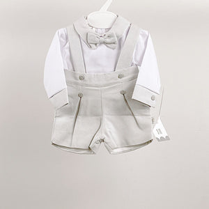 Boys 3 Piece Dungaree Shorts & Bow Tie Set - Grey/Ivory