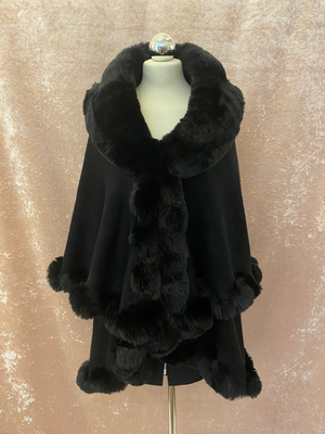 Two Tier Fur Detail Poncho - Black