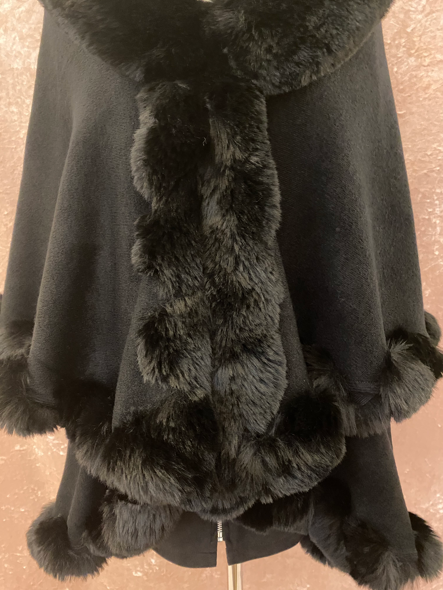 Two Tier Fur Detail Poncho - Black