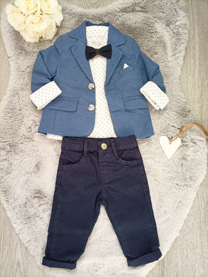 Baby Boys 3 Piece Shirt & Jacket Set With Chinos & Bow Tie - Blue