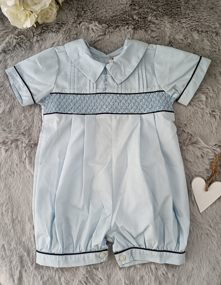 Boys Ben Hand Smocked Romper - Pale Blue